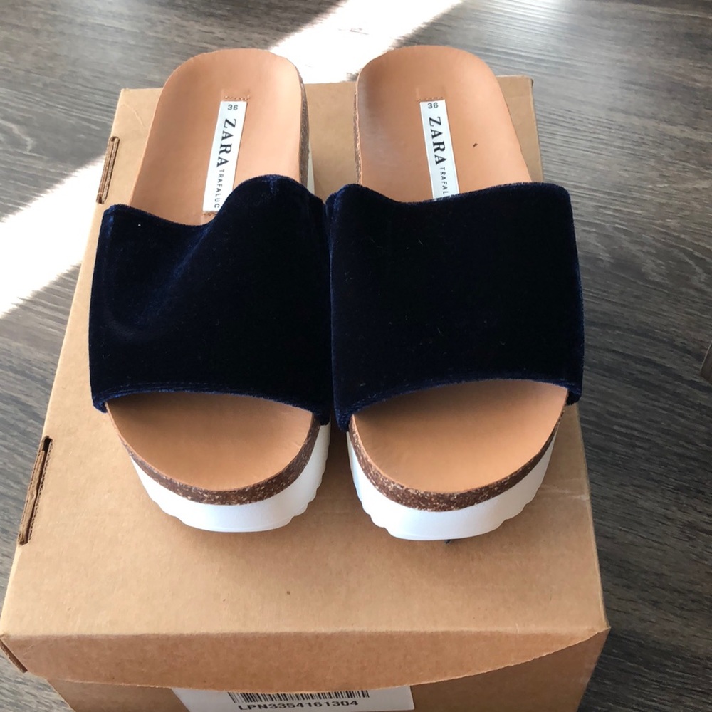 Zara Trafaluc Blue Velvet Slip on Shoes